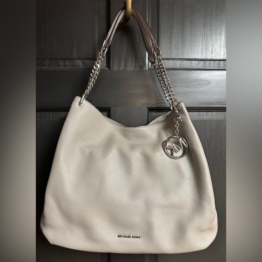 Michael Kors Large Pearl Gray Leather Double Chain Handle Shoulder Bag
